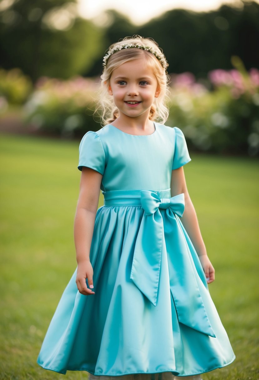 A 9-year-old girl twirls in a silk sash preschool dress, imagining herself as a flower girl at a wedding