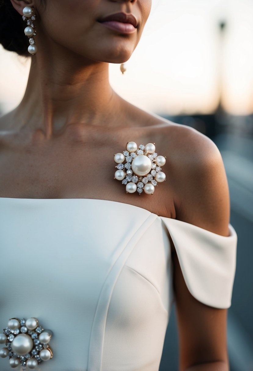 A white off-the-shoulder dress adorned with pearl and diamond clustered studs