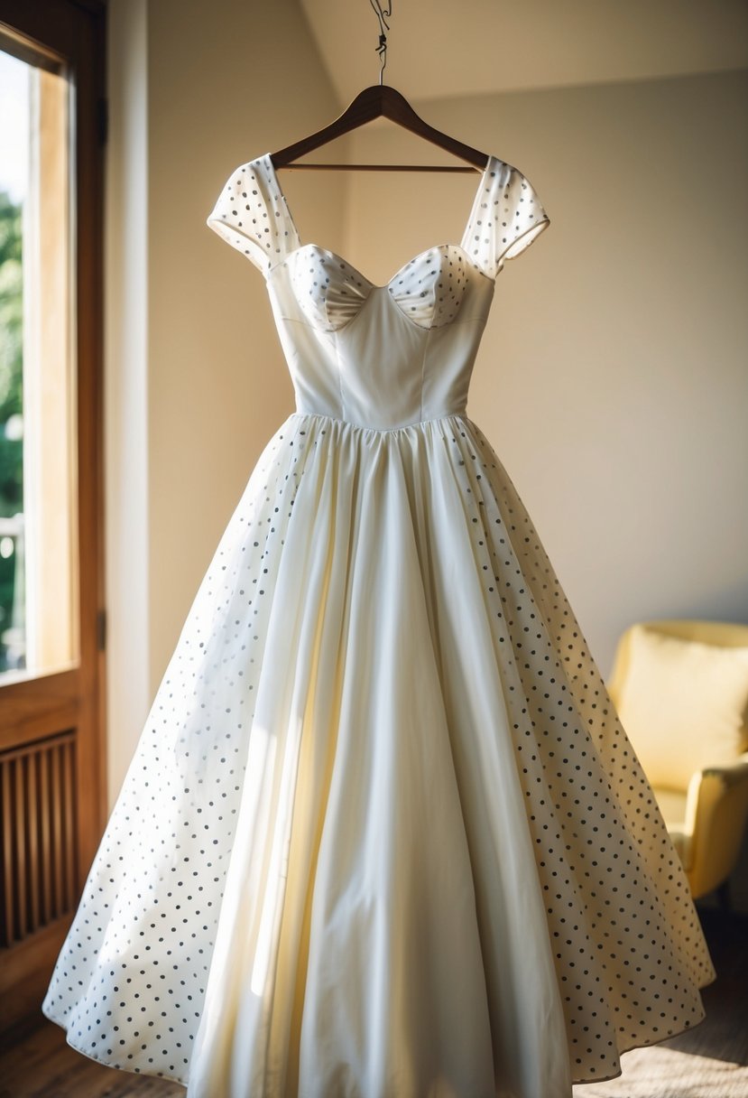 A vintage 50s wedding dress with polka dot patterns, a full skirt, and a sweetheart neckline, hanging on a dress form in a sunlit room