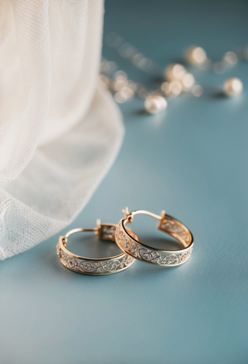 A pair of hoop earrings with delicate filigree details dangle elegantly next to an off-the-shoulder wedding dress