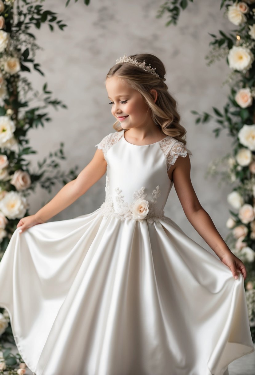 A 9-year-old girl twirls in a satin capped sleeve dress, surrounded by delicate lace and floral details, imagining herself as a beautiful bride