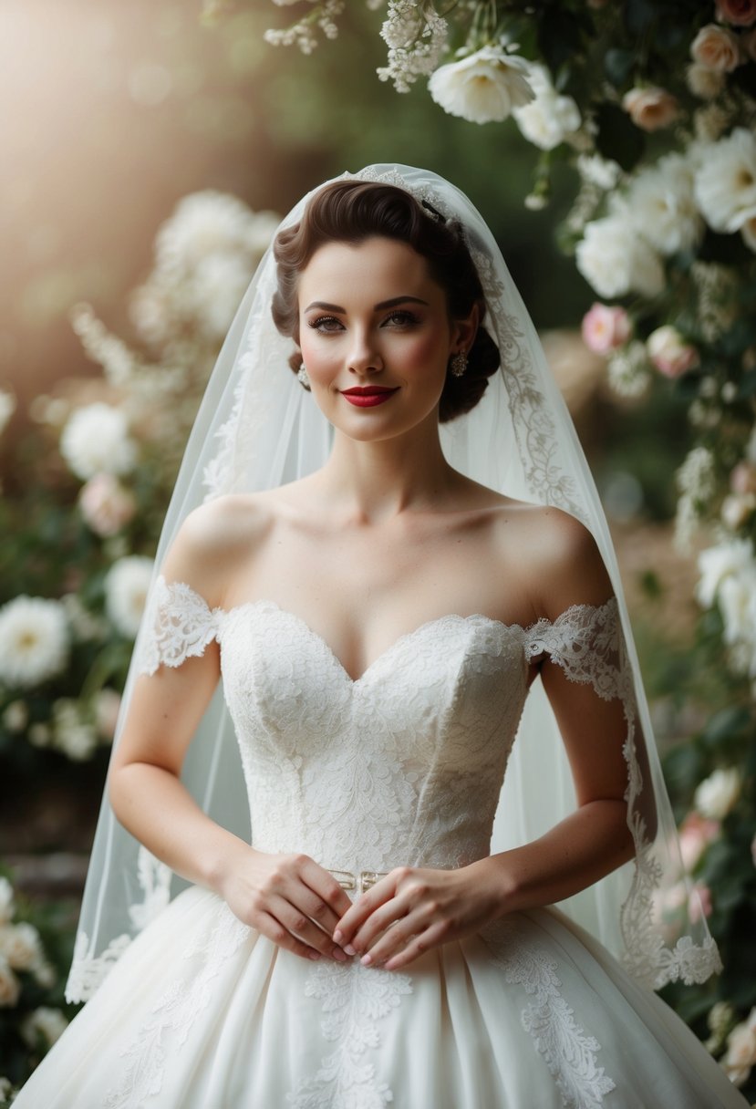 A bride in a 1950s vintage wedding dress with a sweetheart neckline, surrounded by delicate lace and floral details