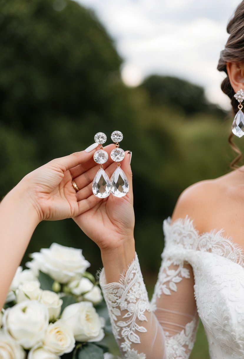 A bride's hand holding vintage-inspired crystal teardrop earrings next to an off-the-shoulder wedding dress