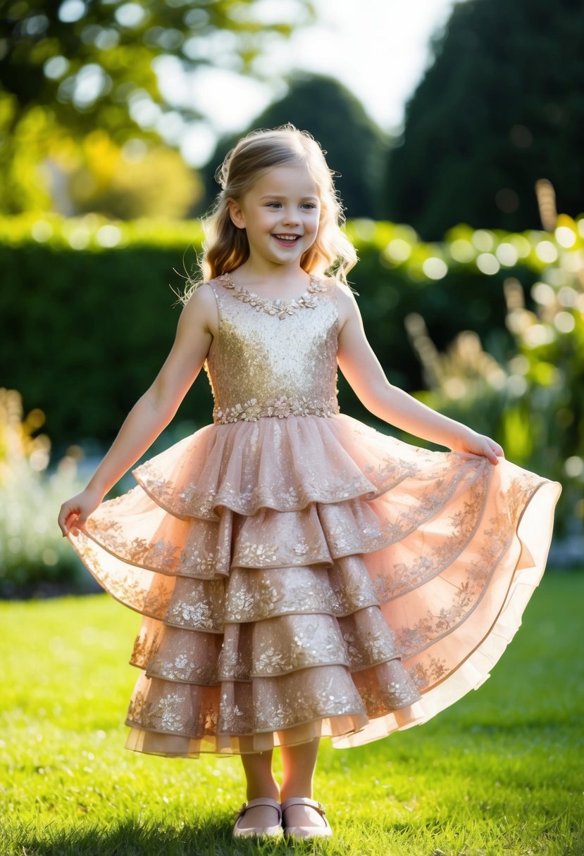 A 9-year-old girl stands in a shimmering rose gold layered dress, adorned with delicate lace and sparkling accents, twirling joyfully in a sunlit garden