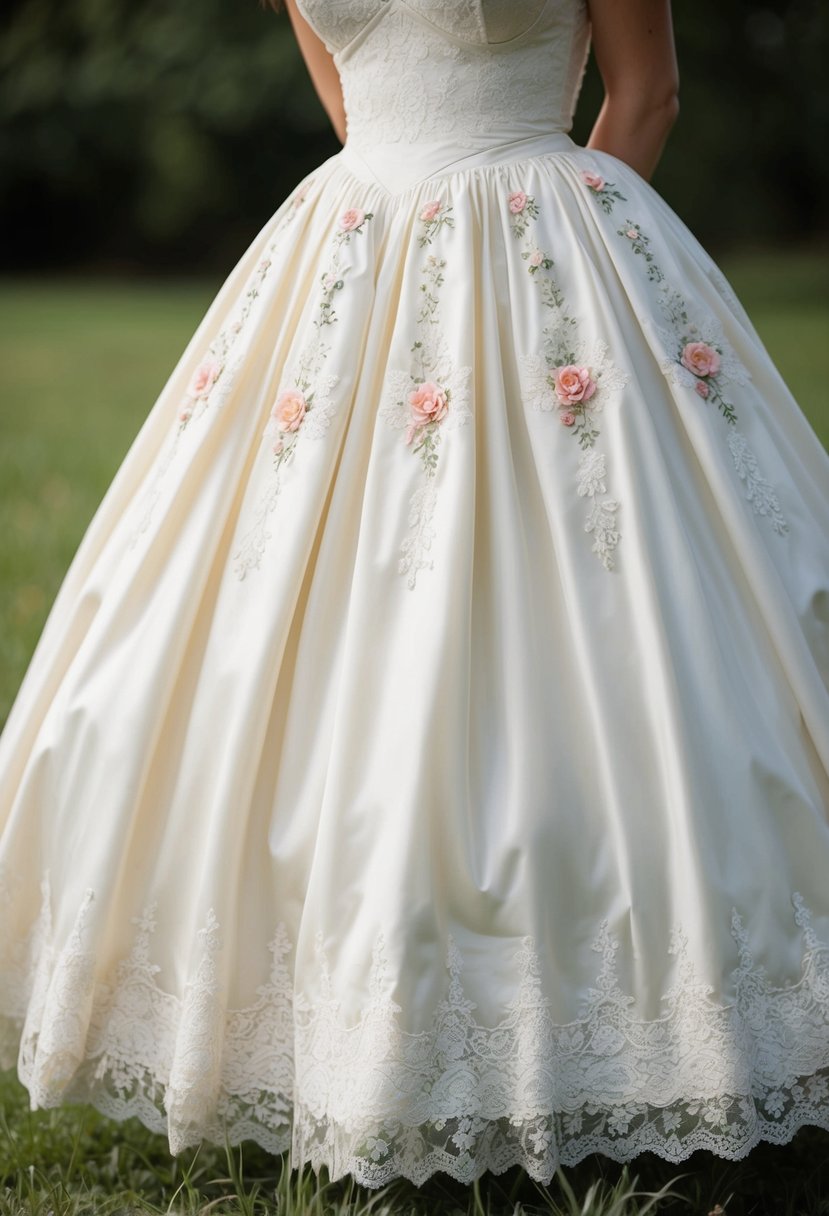 A lace-trimmed petticoat peeks out from under a full-skirted 1950s wedding dress, adorned with delicate floral appliques and a sweetheart neckline