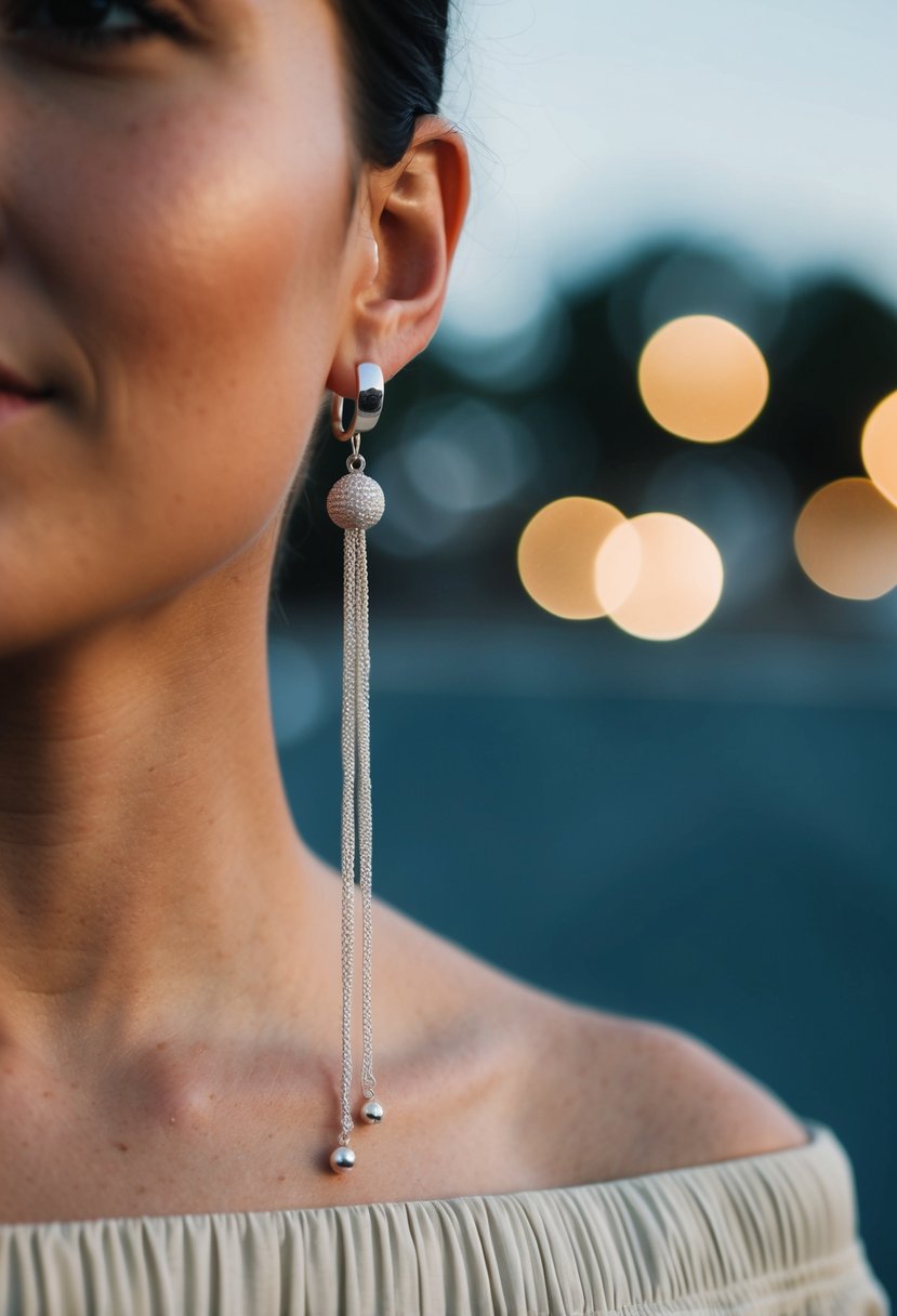 A silver threader earring dangling from a simple off-the-shoulder dress