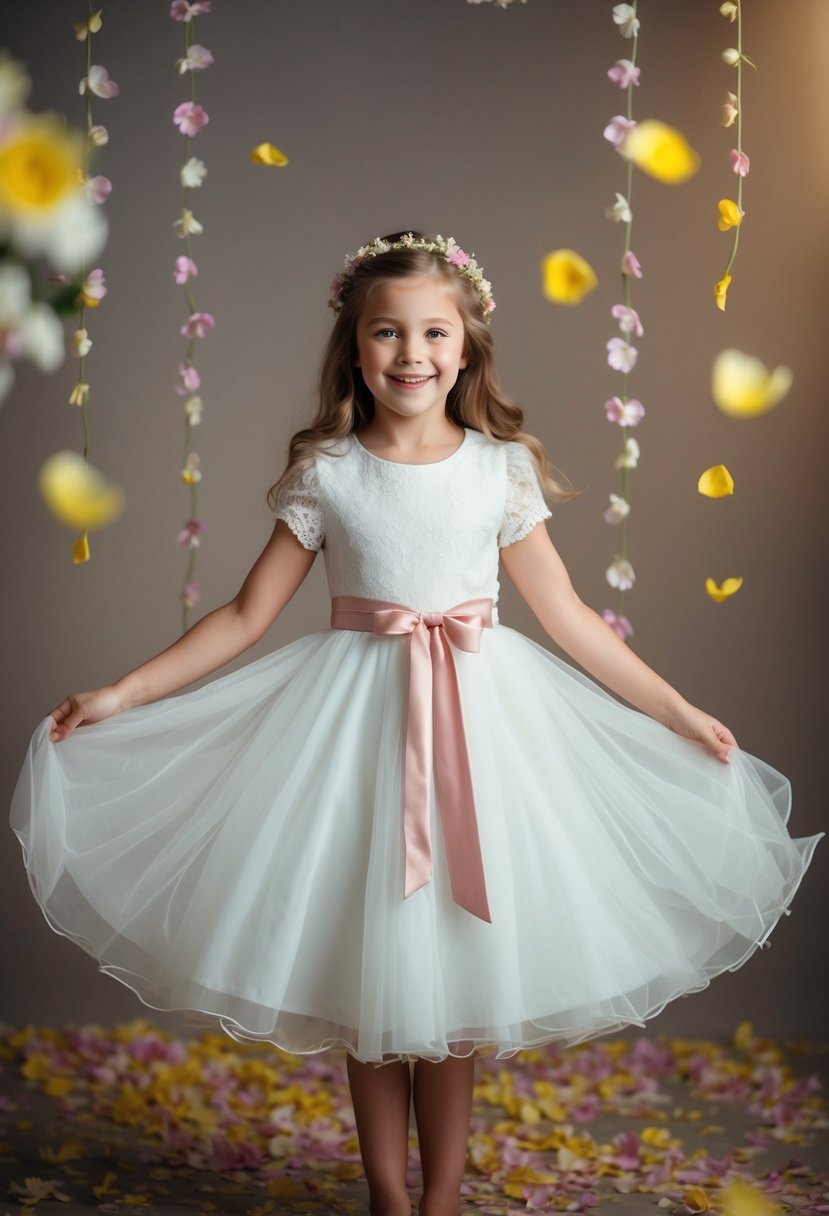 A 9-year-old girl twirls in a ribbon tie waist dress, surrounded by flower petals and soft lighting, with a whimsical and joyful expression on her face