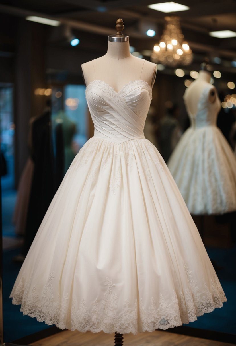 A 1950s wedding dress with a sweetheart neckline, full skirt, and lace details, displayed on a vintage mannequin