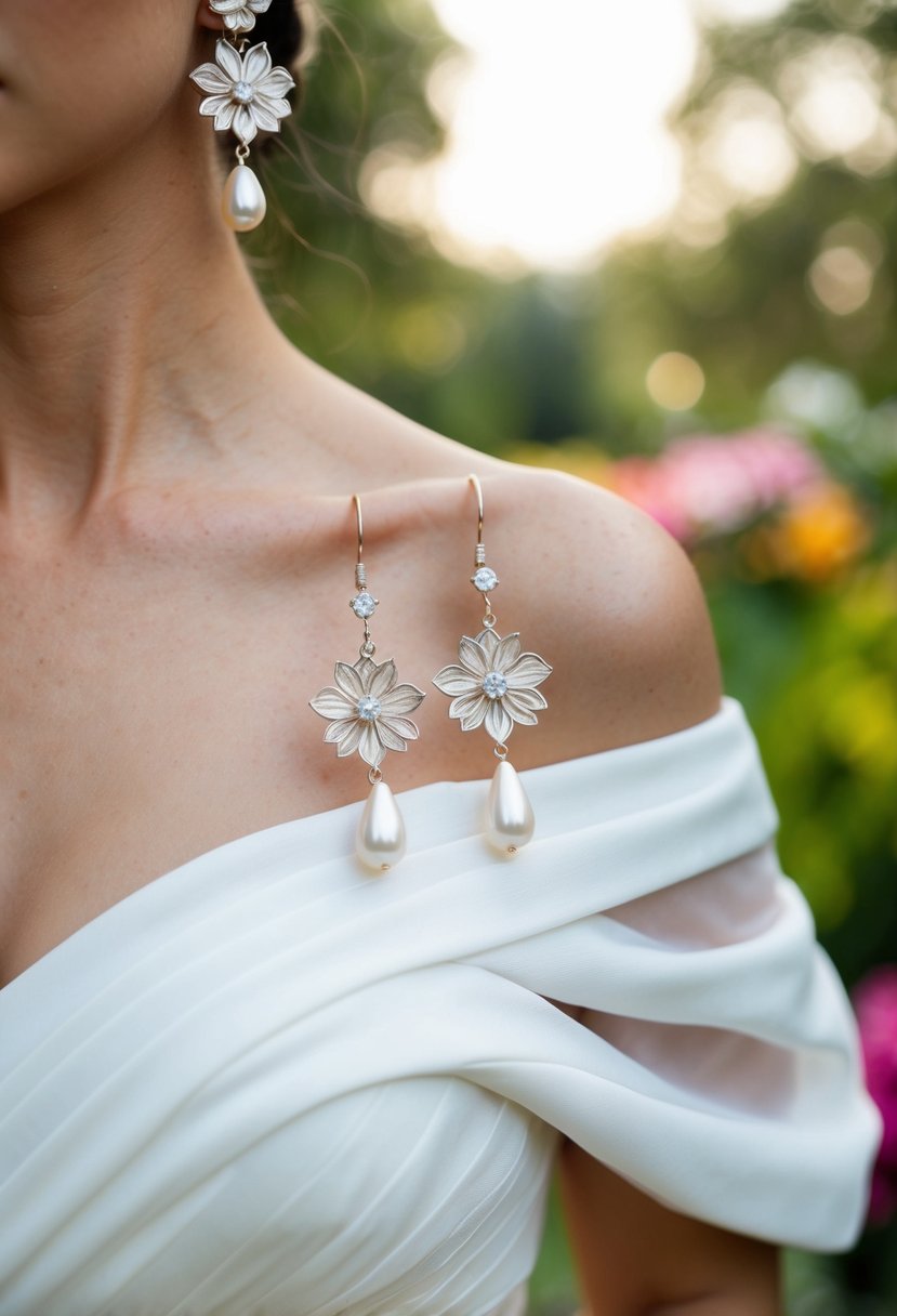 A pair of floral motif earrings with pearl drops dangle from an elegant off-the-shoulder wedding dress