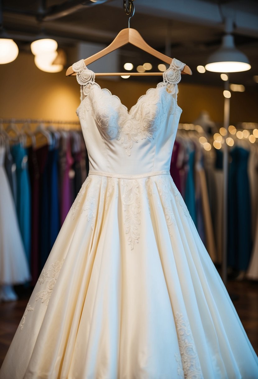 A vintage 50s wedding dress hanging on a tailor's mannequin, with a full A-line silhouette, delicate lace details, and a sweetheart neckline