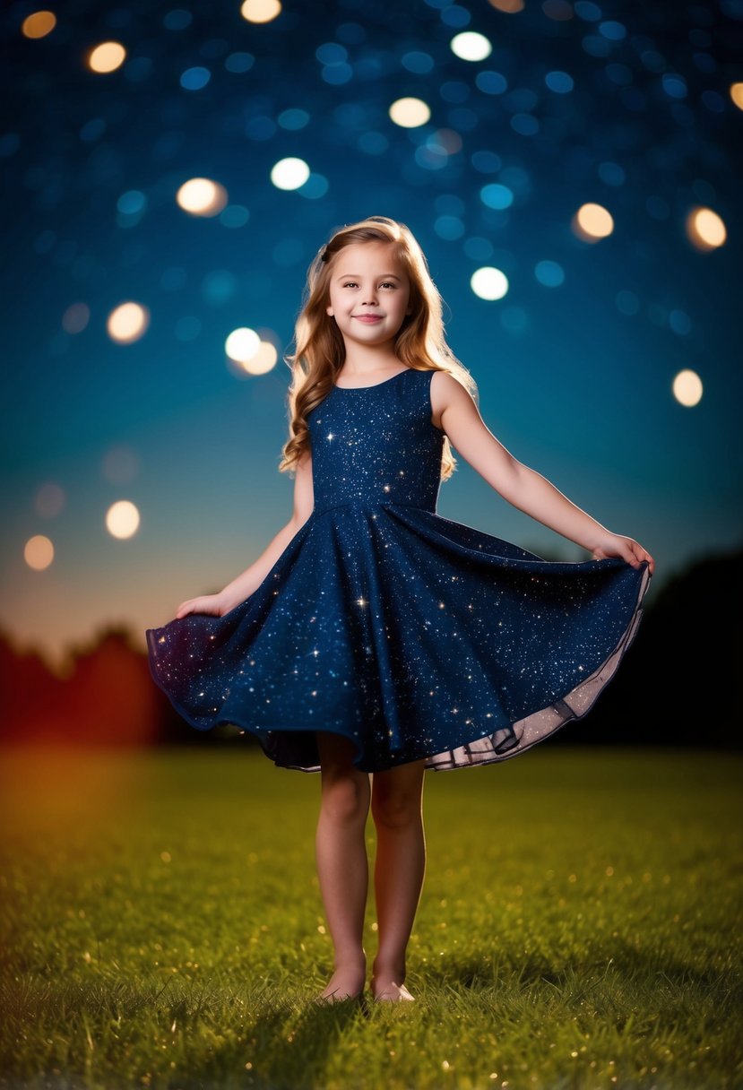 A young girl twirls in a starry dress under a night sky