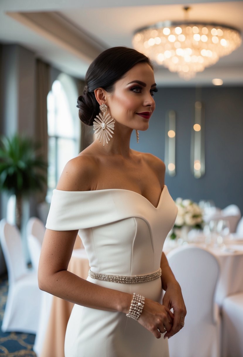 A woman wearing an elegant off-the-shoulder dress with glamorous art deco statement earrings, standing in a stylish wedding venue