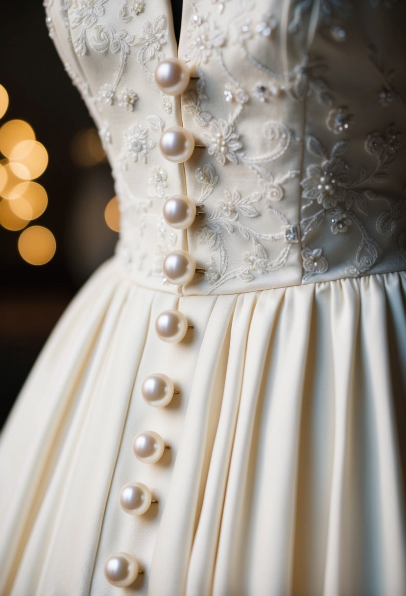 A close-up of delicate pearl buttons adorning a vintage 1950s wedding dress