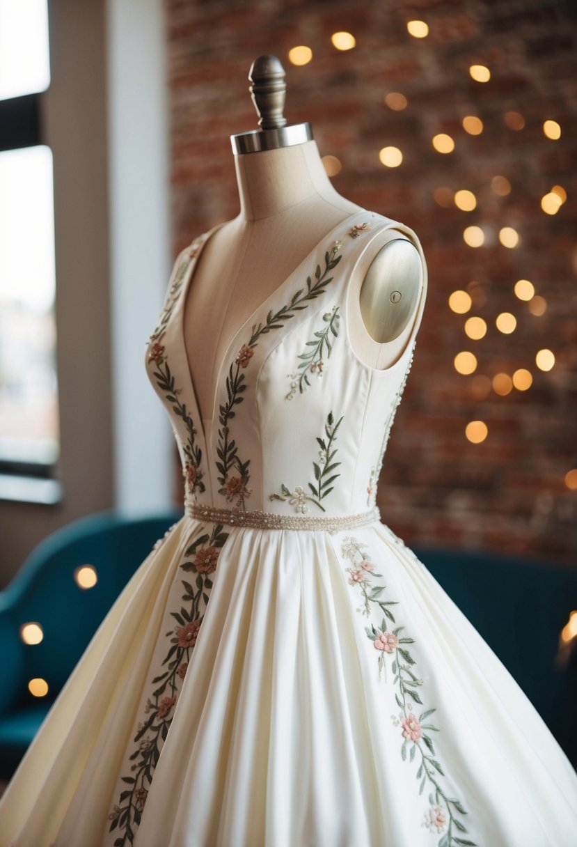 A vintage 50s wedding dress adorned with delicate embroidered floral accents