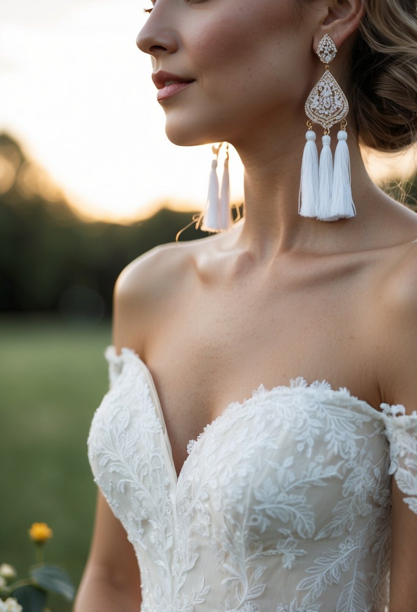 A delicate ivory off-the-shoulder dress adorned with bohemian tassel earrings, creating a romantic and elegant wedding look