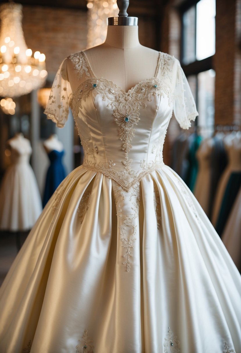 A vintage 50s wedding dress with silk satin finish, adorned with delicate lace and intricate beadwork, hanging on a vintage-inspired mannequin