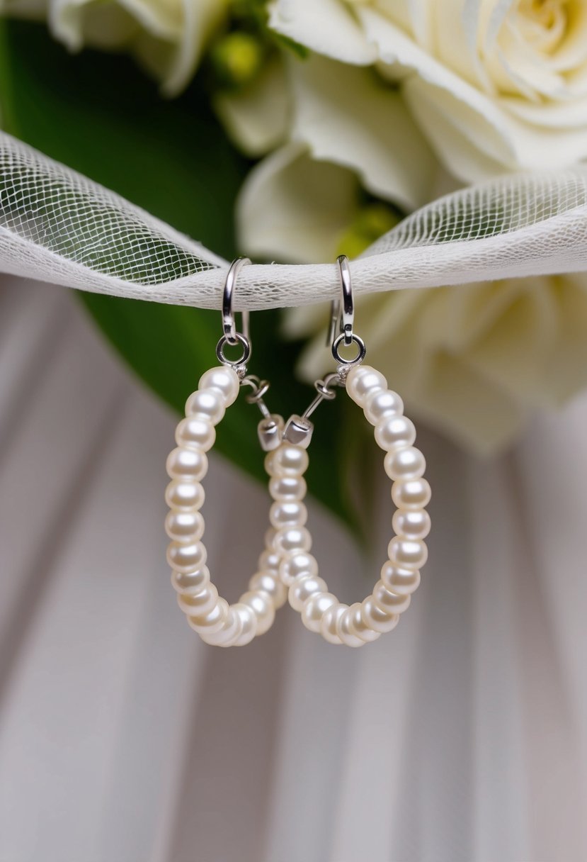 A delicate pair of pearl huggie hoops dangle from a dress, evoking a wedding ambiance