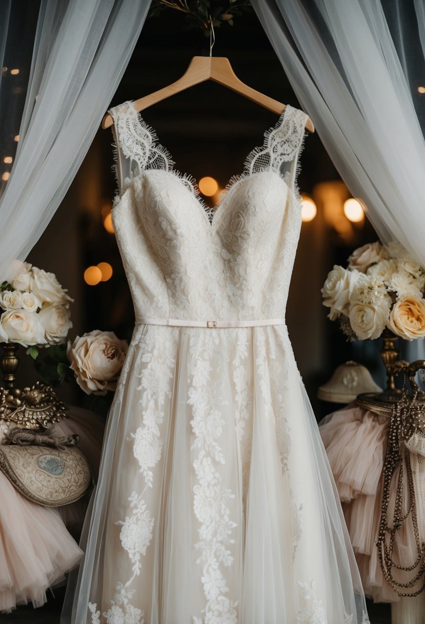 A delicate lace wedding dress hangs on a vintage mannequin, surrounded by soft tulle fabric and antique accessories