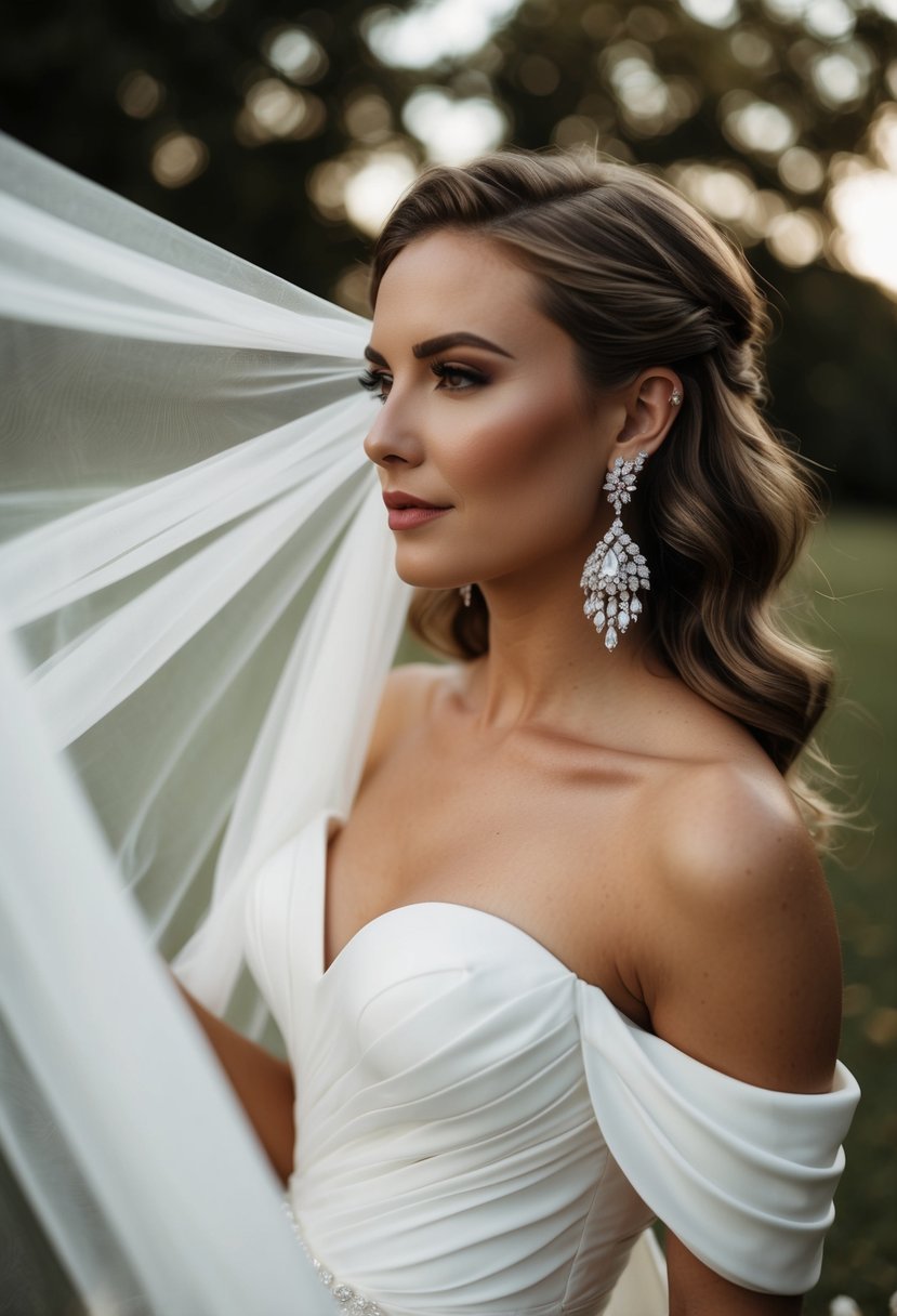 A flowing off-the-shoulder wedding dress with diamond-accented climber earrings dangling from an invisible ear