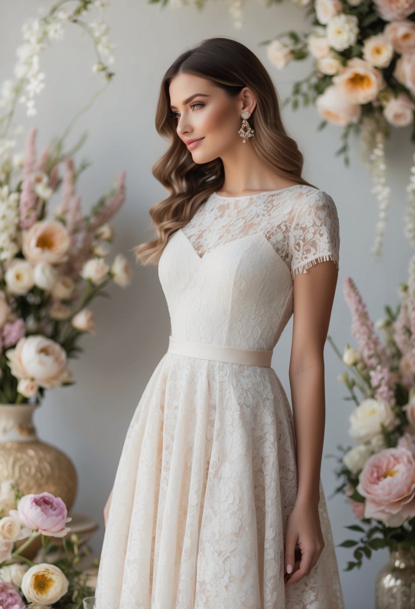 A woman in a delicate lace drop waist dress, surrounded by soft pastel flowers and vintage decor