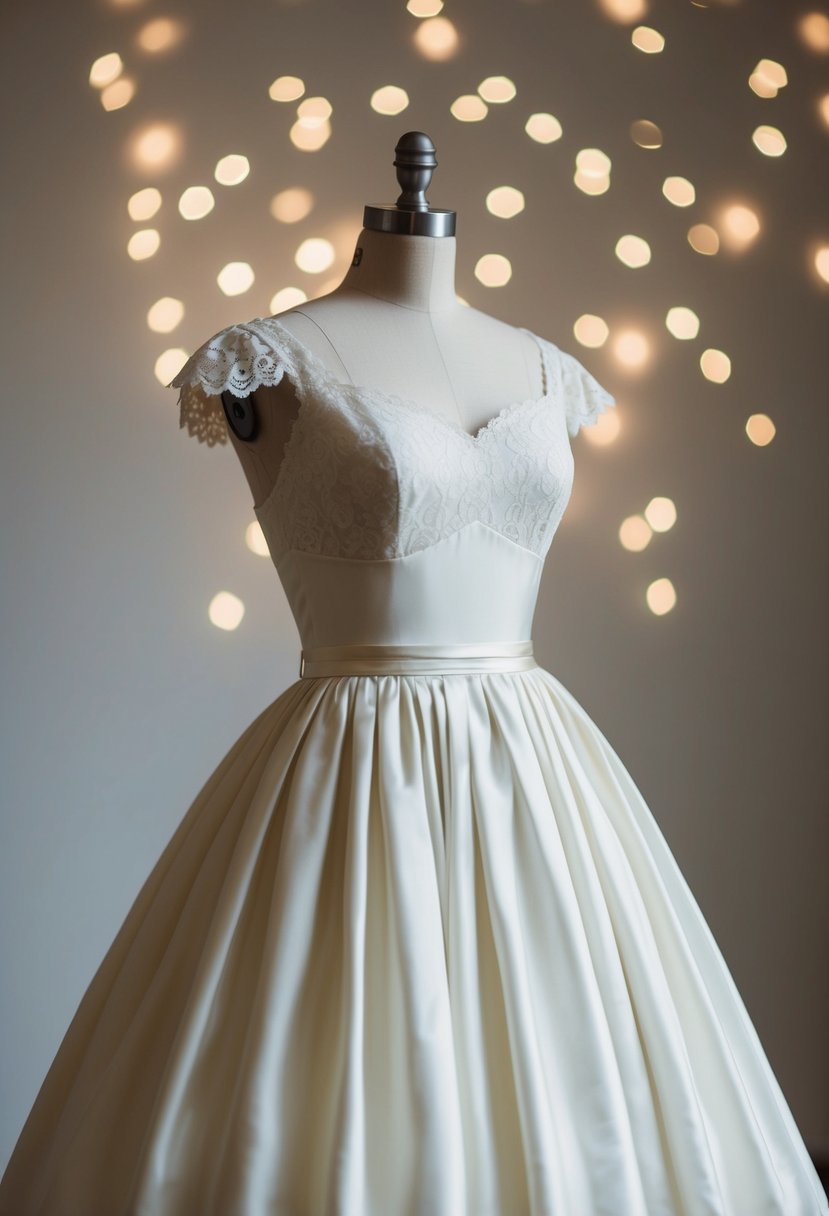 A vintage 50s wedding dress with ribbon waistbands, lace details, and a full skirt