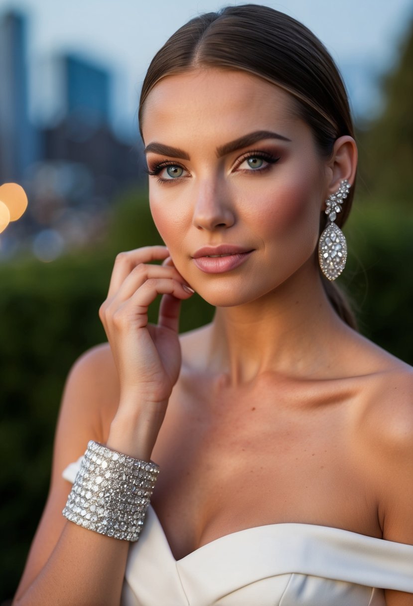 A modern edge off-the-shoulder dress with crystal-studded ear cuffs