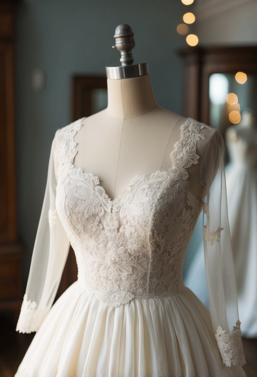 A vintage 50s wedding dress with ivory lace overlay on a mannequin