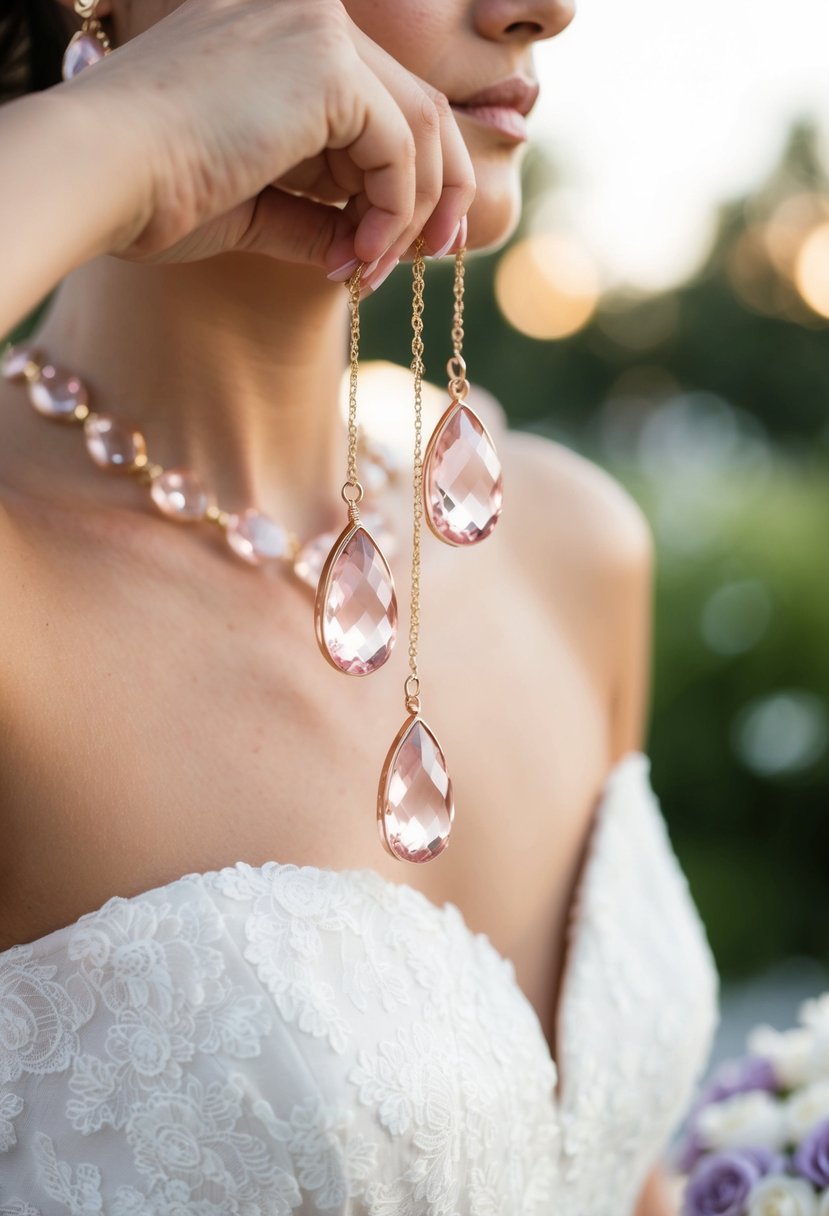 Rose quartz and gold danglers hang from a delicate off-the-shoulder dress, catching the light at a wedding