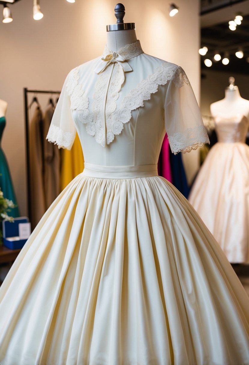 A vintage 50s wedding dress with a high collar, lace details, and a full skirt, displayed on a mannequin in a well-lit boutique