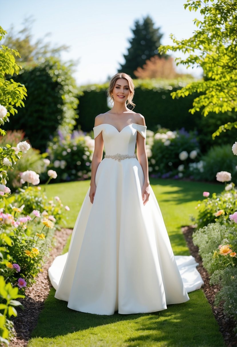 A bride in an off-the-shoulder wedding dress stands in a sunlit garden, surrounded by blooming flowers and lush greenery