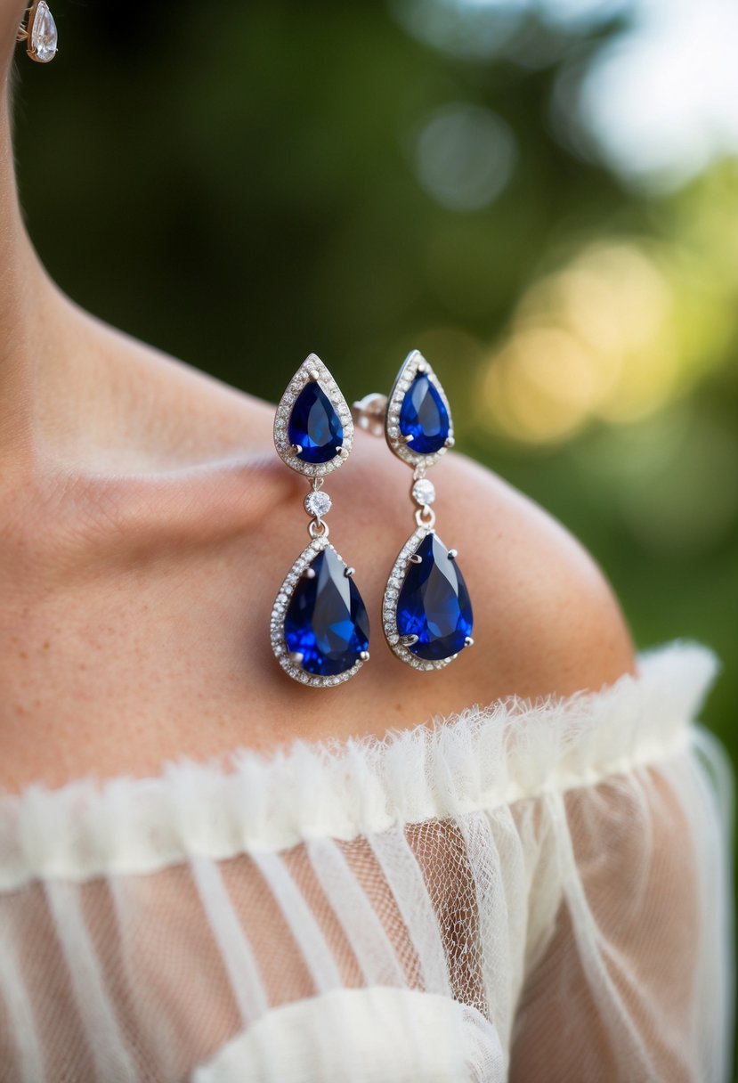 A pair of sapphire teardrop earrings on a delicate off-the-shoulder wedding dress