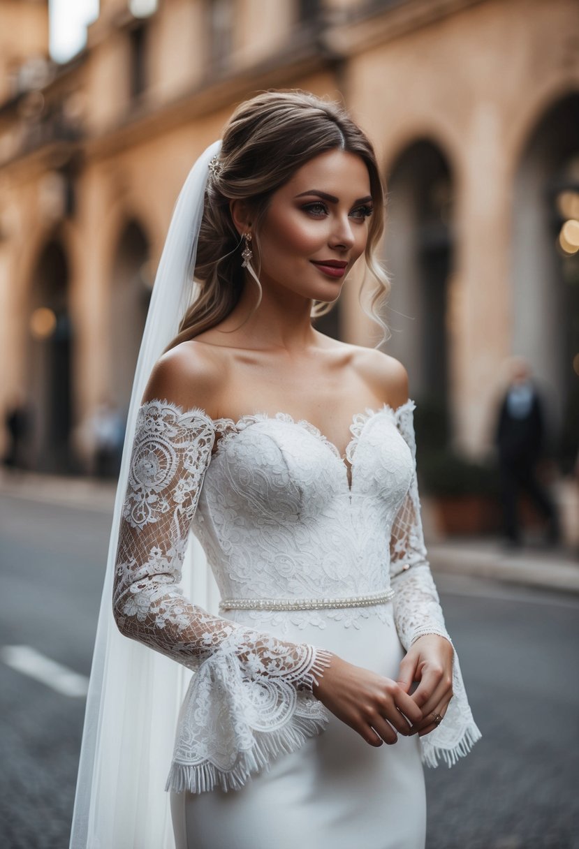 A lace wedding dress with off-the-shoulder sleeves, delicate and romantic, with detachable sleeves cascading down