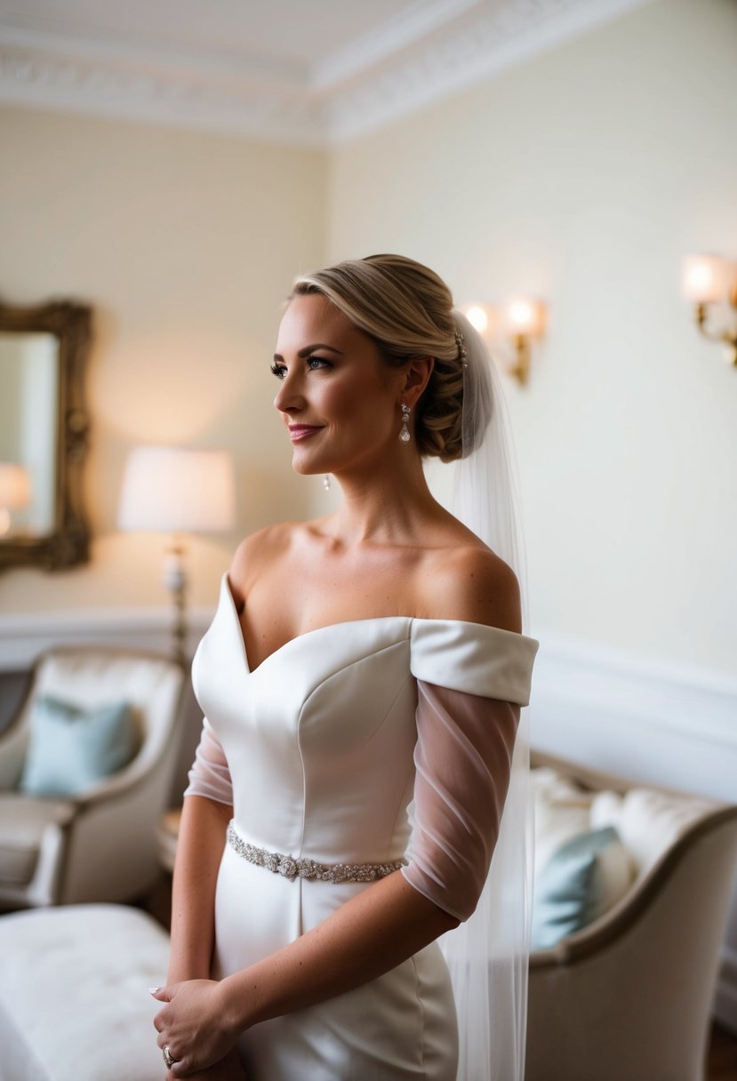 A bride in a satin off-the-shoulder wedding dress with sheer sleeves, standing in a softly lit room with elegant decor