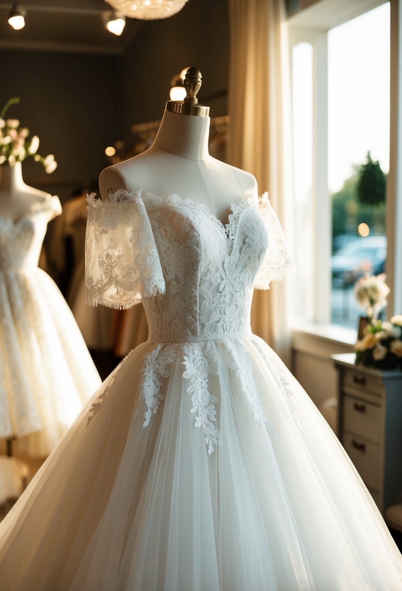 A vintage-inspired lace and tulle off the shoulder sleeves wedding dress displayed on a mannequin in a sunlit boutique