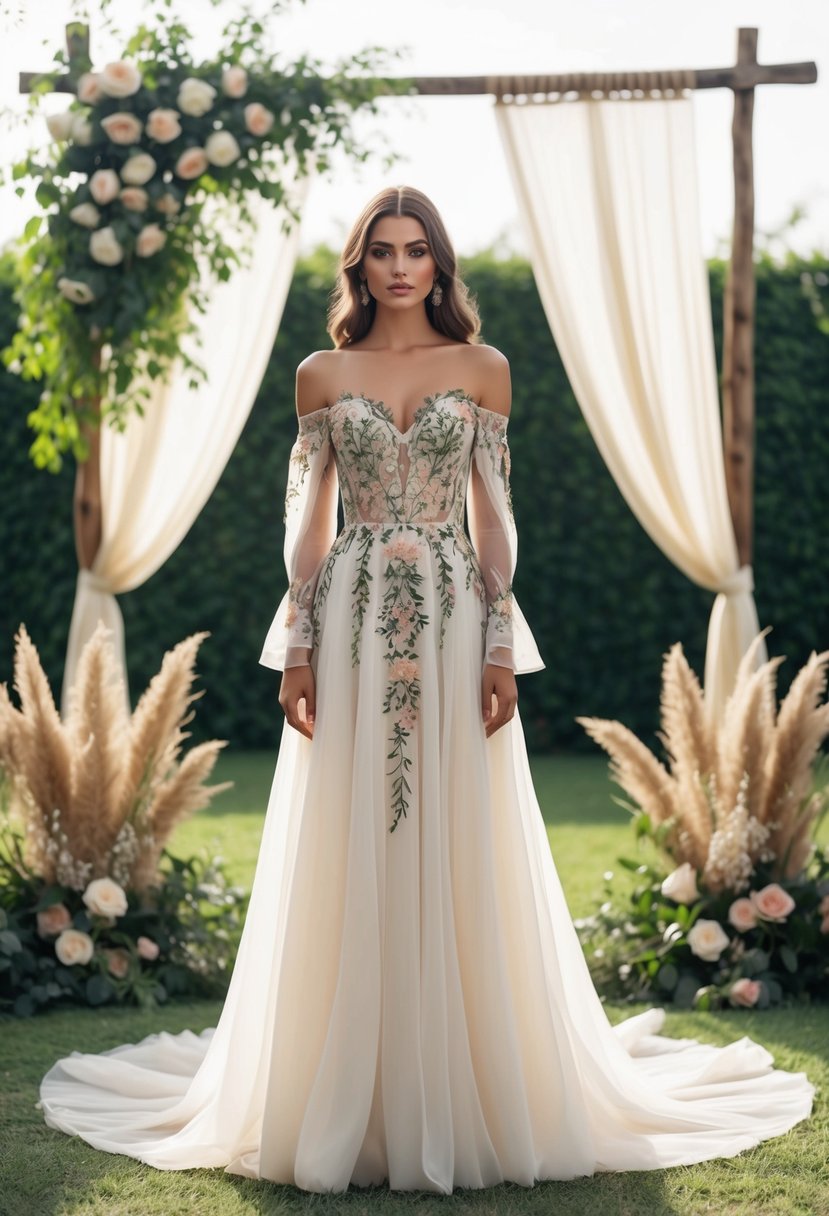 A flowing off-the-shoulder wedding dress with intricate floral embroidery, set against a backdrop of bohemian decor and lush greenery