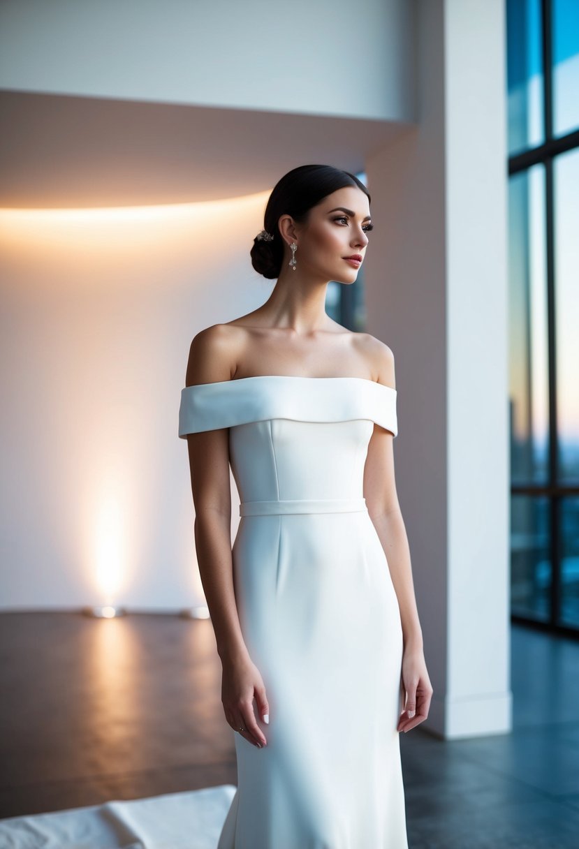 A sleek off-the-shoulder wedding dress with clean, minimalist lines and a simple silhouette, set against a modern backdrop with soft lighting