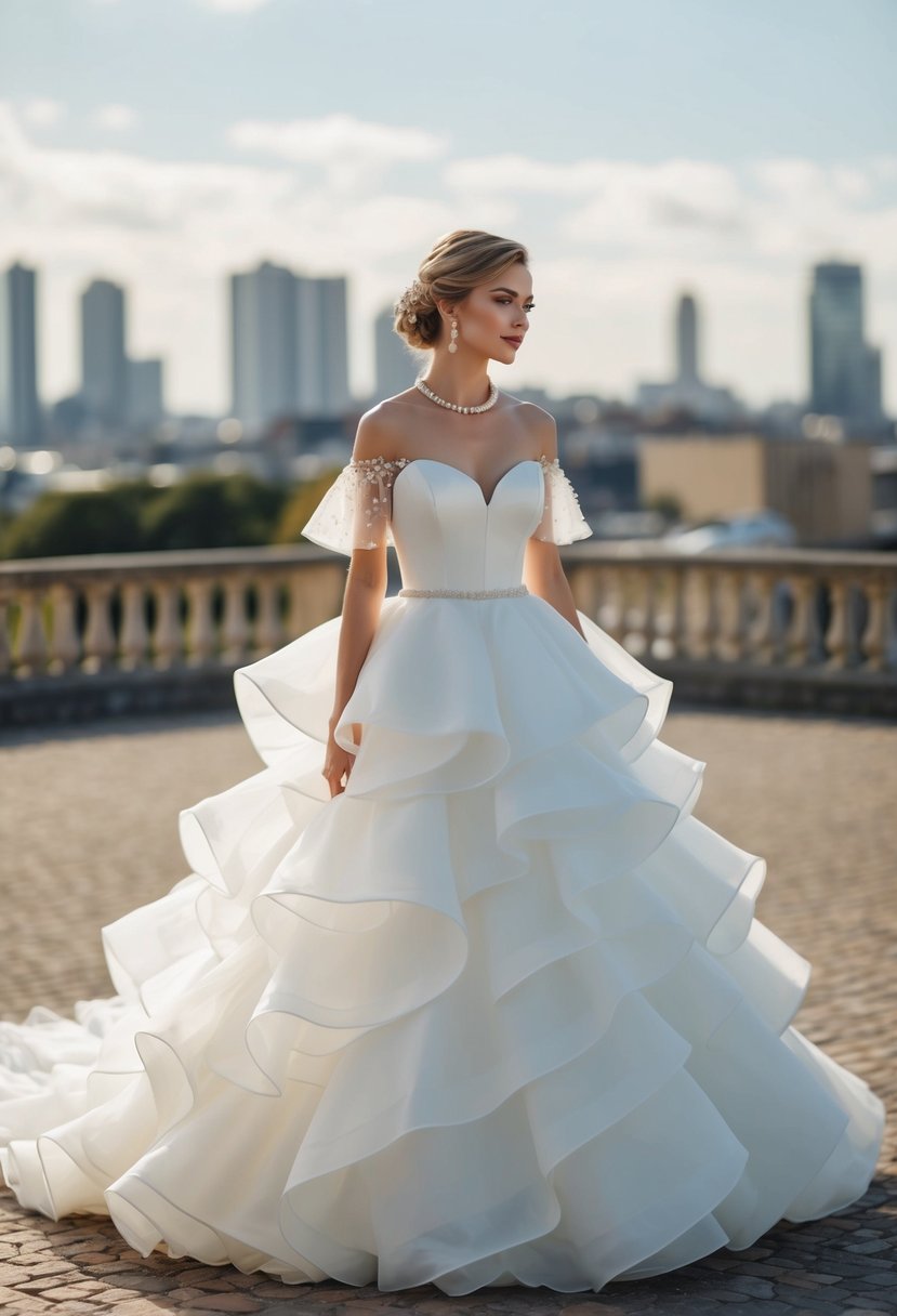 A flowing wedding dress with tiered ruffles and delicate off-the-shoulder sleeves adorned with pearls