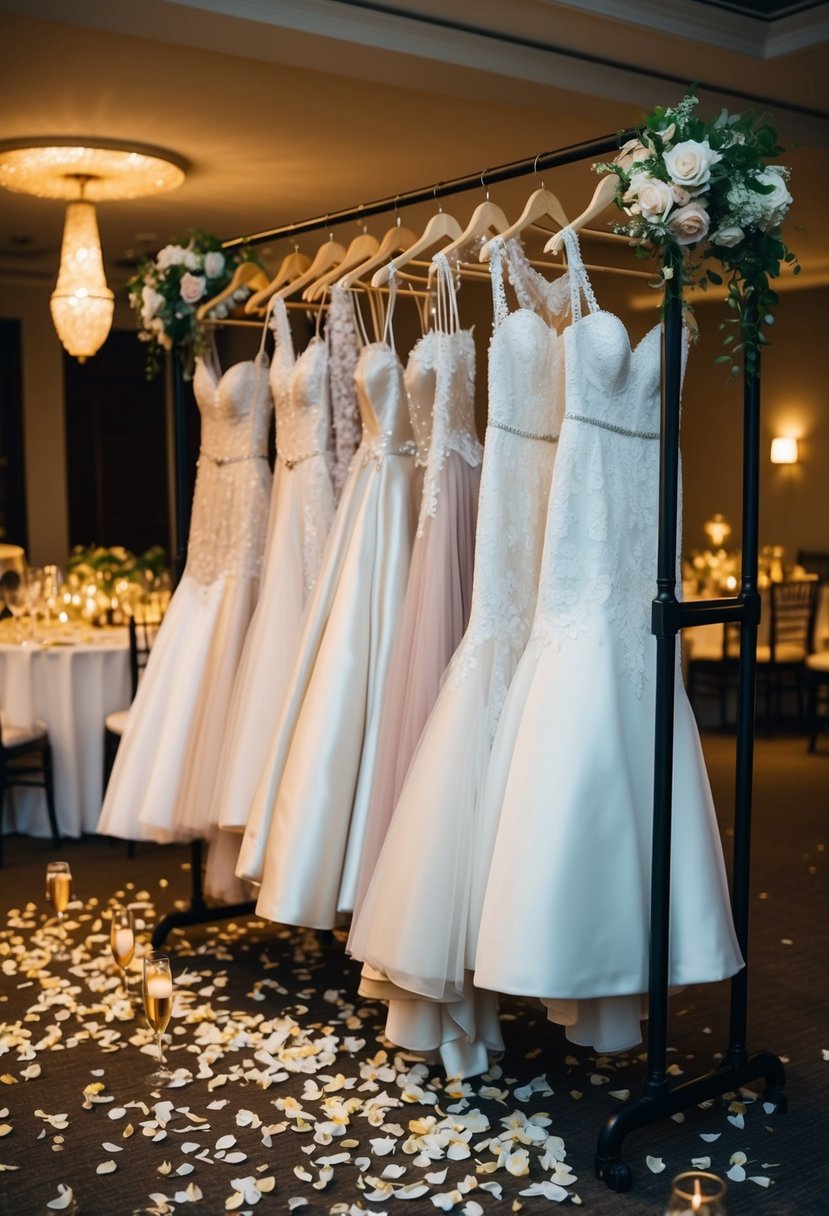 A rack of elegant wedding dresses, scattered with flower petals and champagne glasses, in a dimly lit room after a lively wedding party