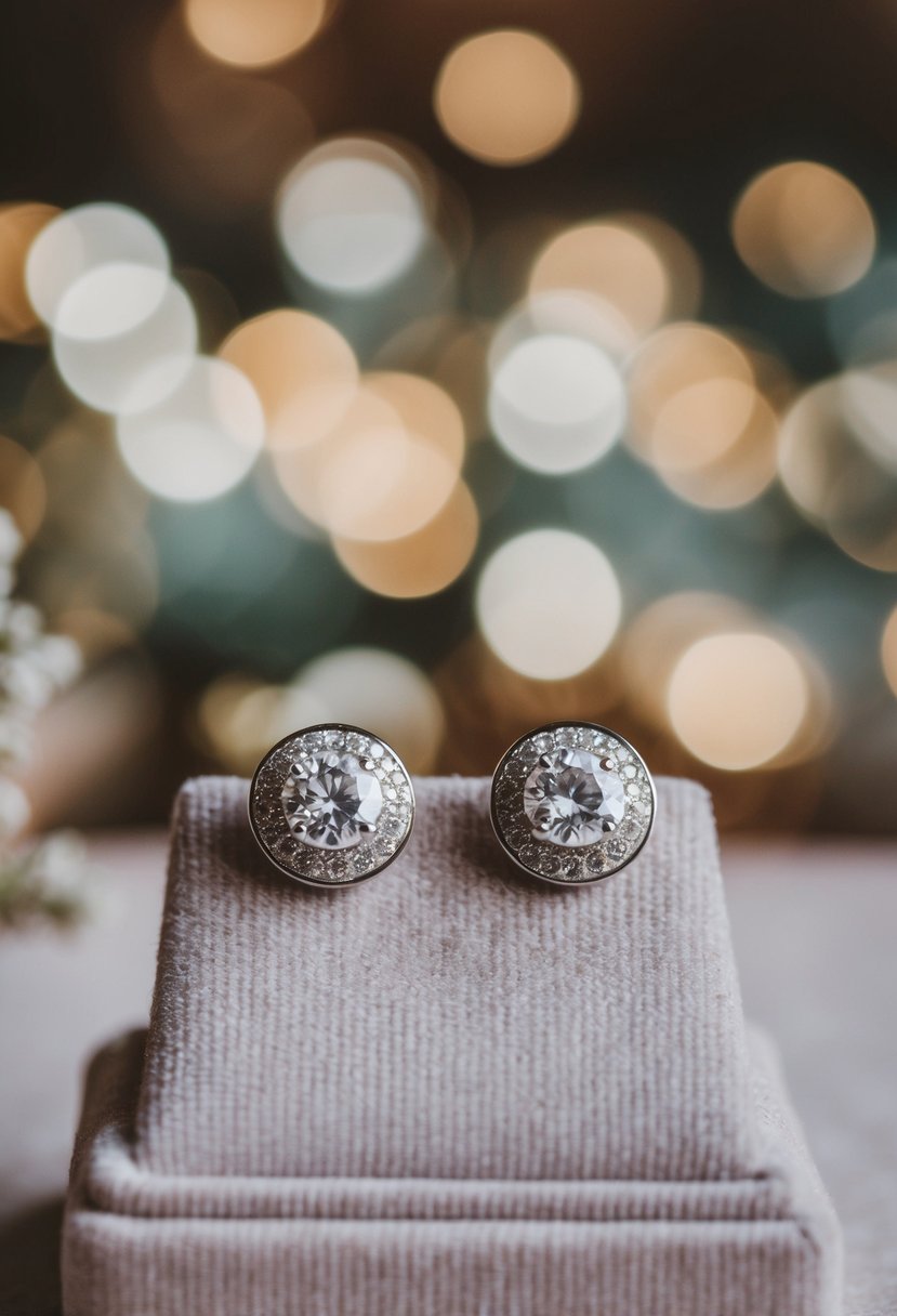 A pair of round-faced wedding earrings displayed on a velvet cushion