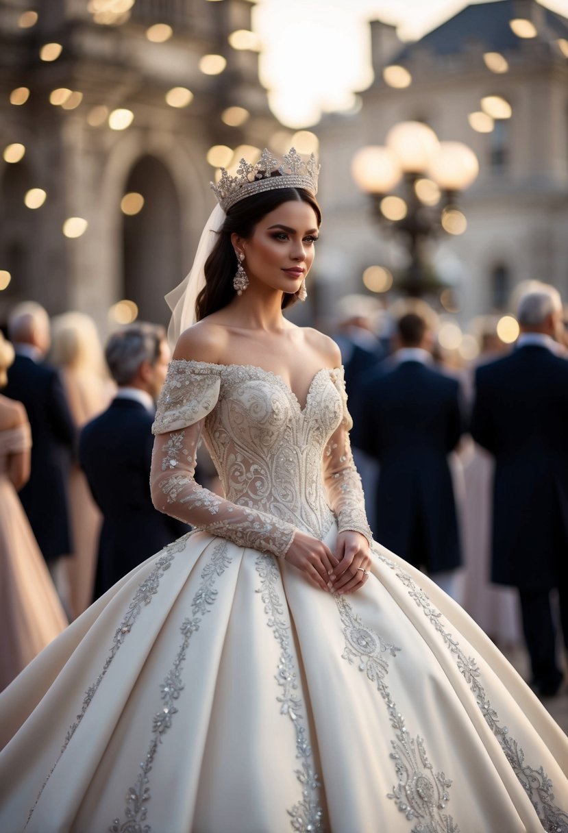 A regal ball gown with off-the-shoulder sleeves, adorned with ornate detailing fit for a royal wedding