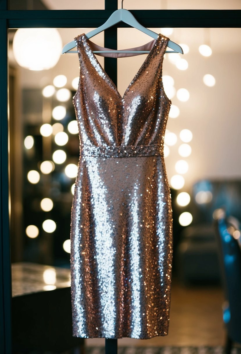 A sparkling sequined cocktail dress hangs on a hanger, catching the light in a dimly lit room