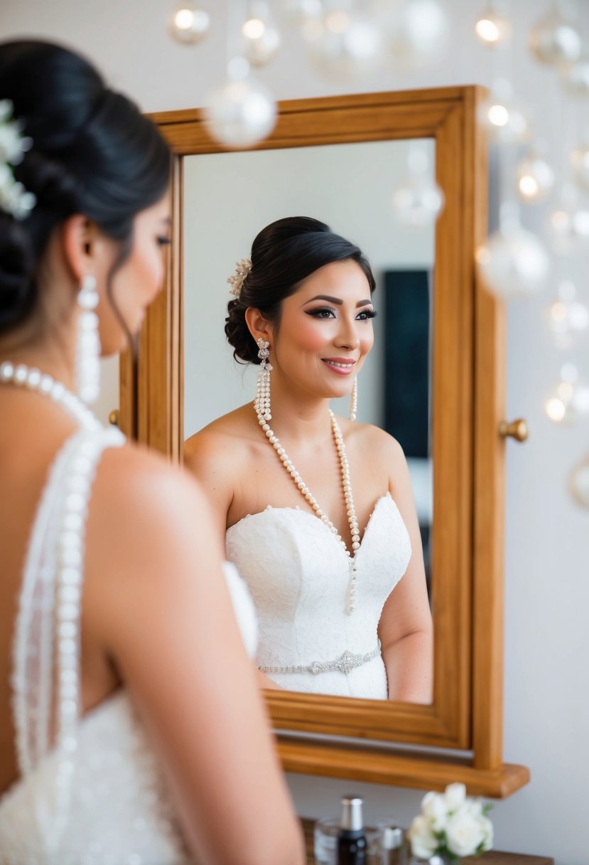 A bride wearing long pearl drop earrings with a round face, standing in front of a mirror admiring her wedding look