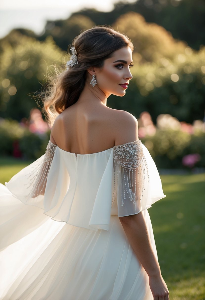 A flowing chiffon wedding dress with intricate beadwork on off-the-shoulder sleeves, set against a romantic outdoor backdrop