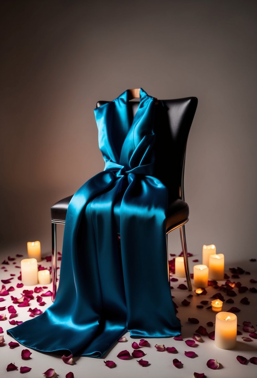 A luxurious silk jumpsuit draped over a sleek chair, surrounded by scattered rose petals and soft candlelight