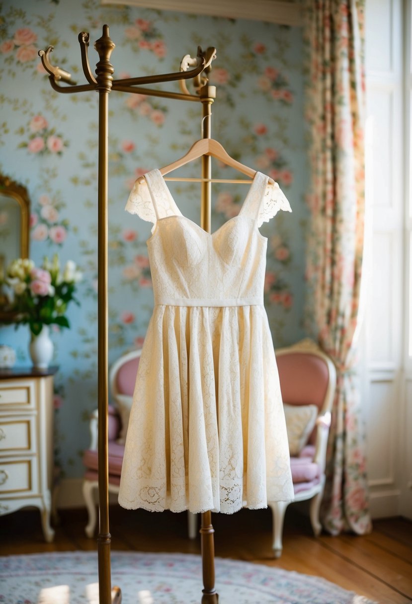 A lace A-line mini dress hangs on a vintage coat rack in a sunlit room, surrounded by delicate floral wallpaper and antique furniture