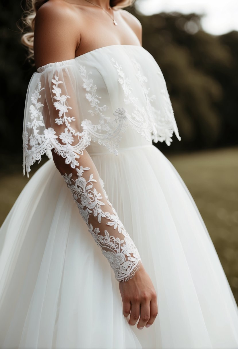 Delicate lace applique cascading down off-shoulder tulle sleeves on a timeless wedding dress