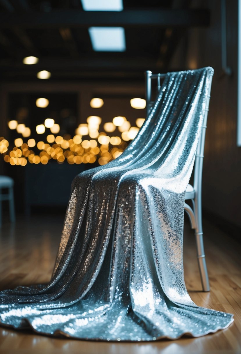 A shimmering silver gown draped over a chair, catching the light in a dimly lit room