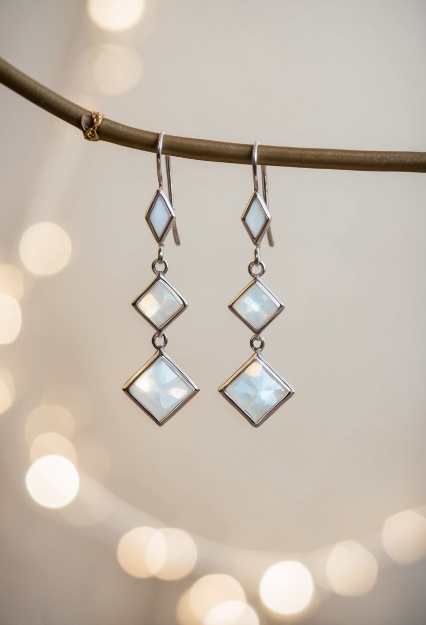 Two geometric dangling earrings hang against a soft, round backdrop, suggesting elegant wedding jewelry