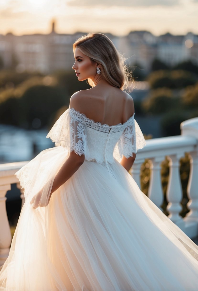 A flowing, off-the-shoulder wedding dress with delicate lace trim and ethereal tulle fabric