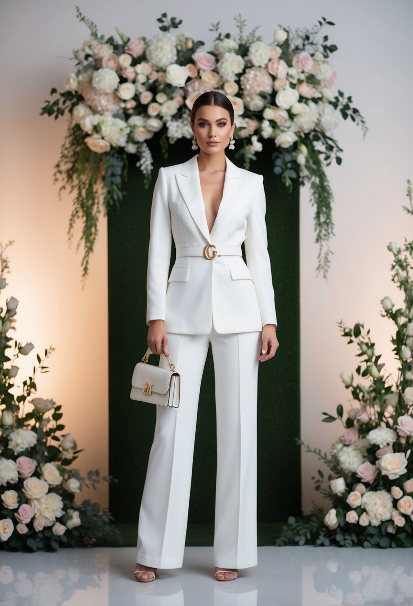 A stylish white pantsuit with chic accessories, set against a backdrop of elegant floral arrangements and soft lighting